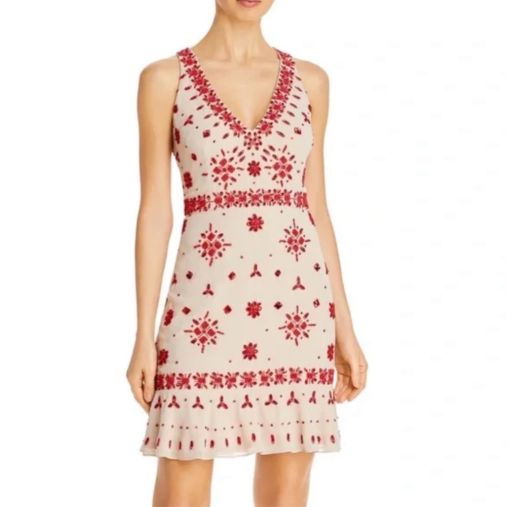 NWT. Aiden Mattox. Size 8. Cream and Red Embellished Tiered tank dress.